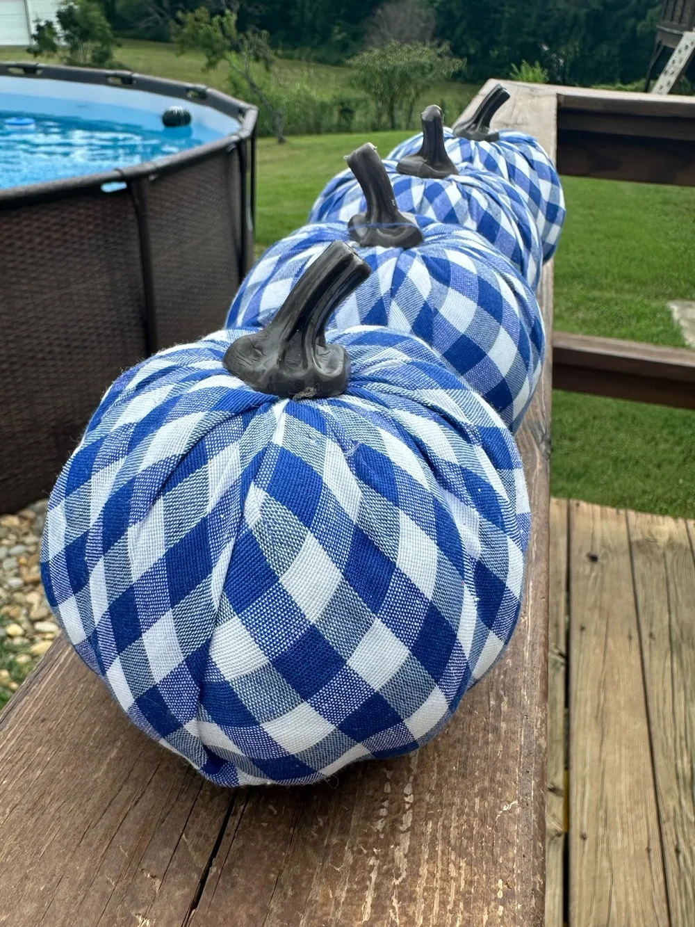 Blue Gingham Fabric Pumpkin Décor - Set of 4